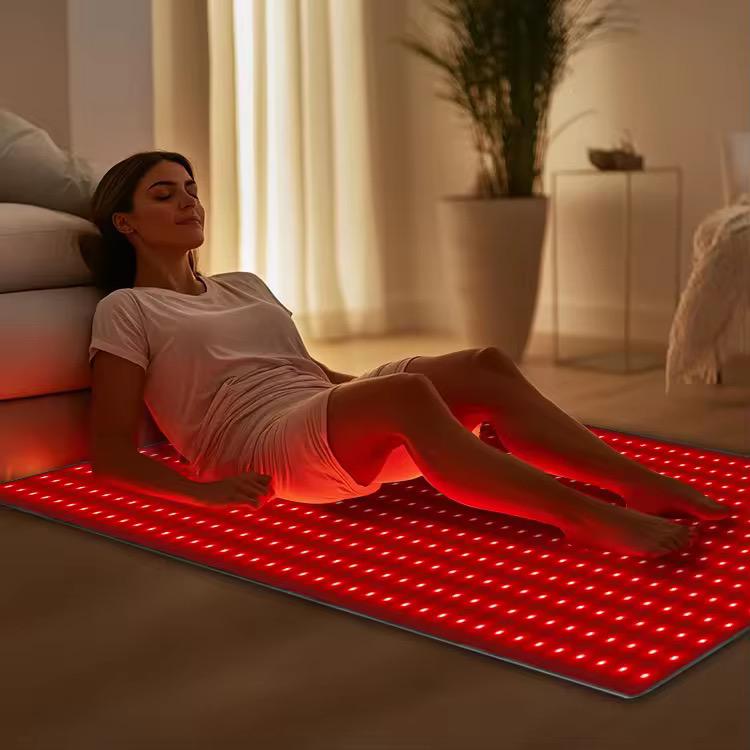 Woman relaxing on STI FIR infrared sauna blanket at home