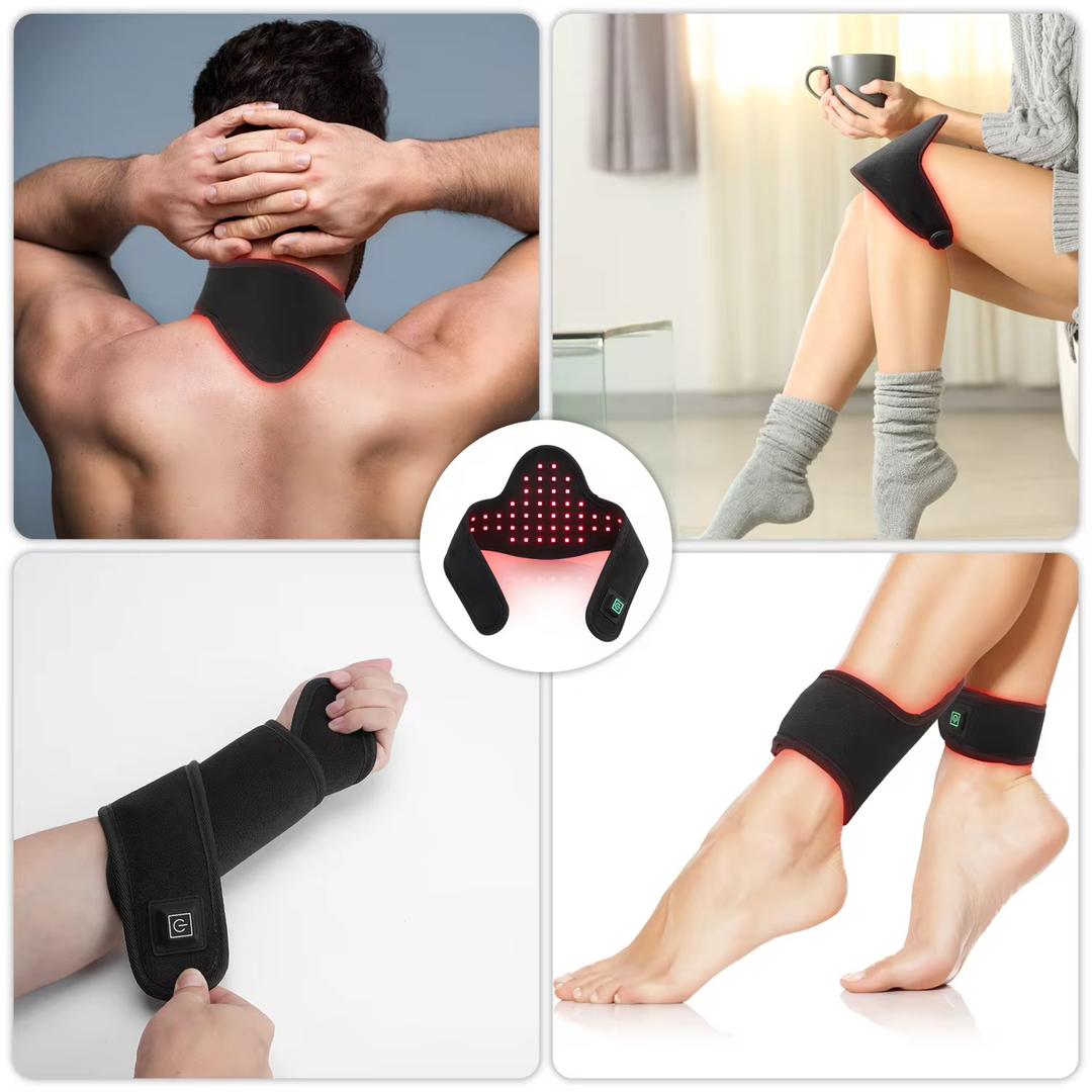STI Red Light Wrap in use on neck, knee, wrist, and ankle — all four zones