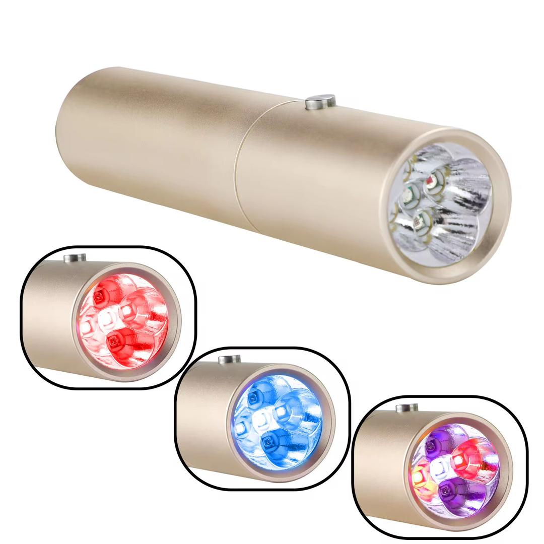 Spa Team LED Portable Wand — handheld red and blue light therapy device showing all three modes