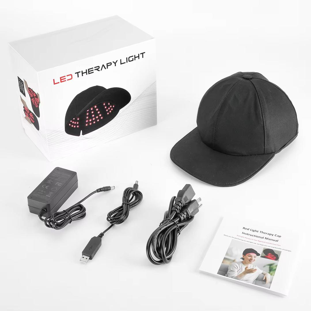 Spa Team LED Hair Growth Cap — red light therapy scalp treatment kit with cables and instructional manual